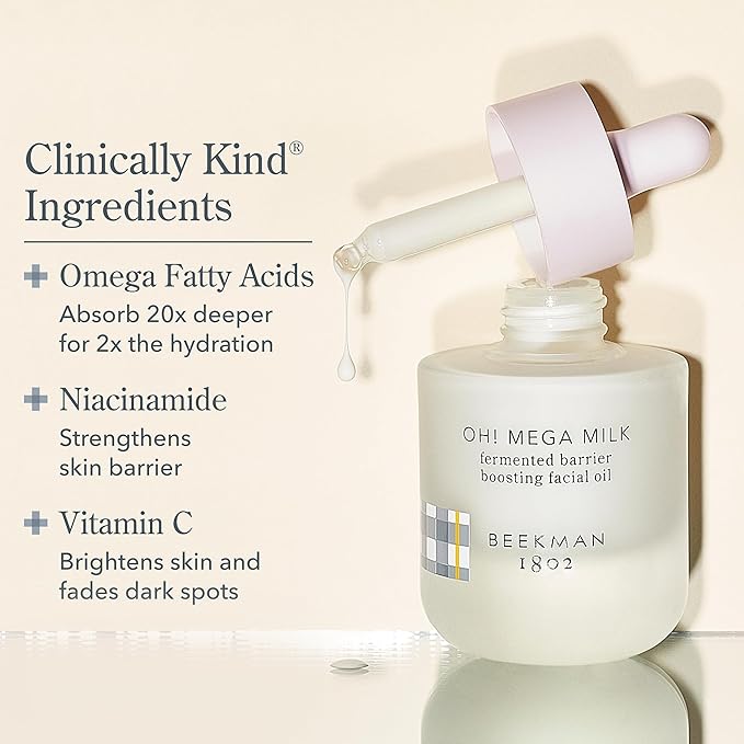 Beekman 1802 Oh Mega Milk Facial Oil - Hydrating Vitamin C & Niacinamide Serum - Repairs Skin Barrier & Reduces Dark Spots From Aging - Fragrance Free, Sensitive Skin Safe