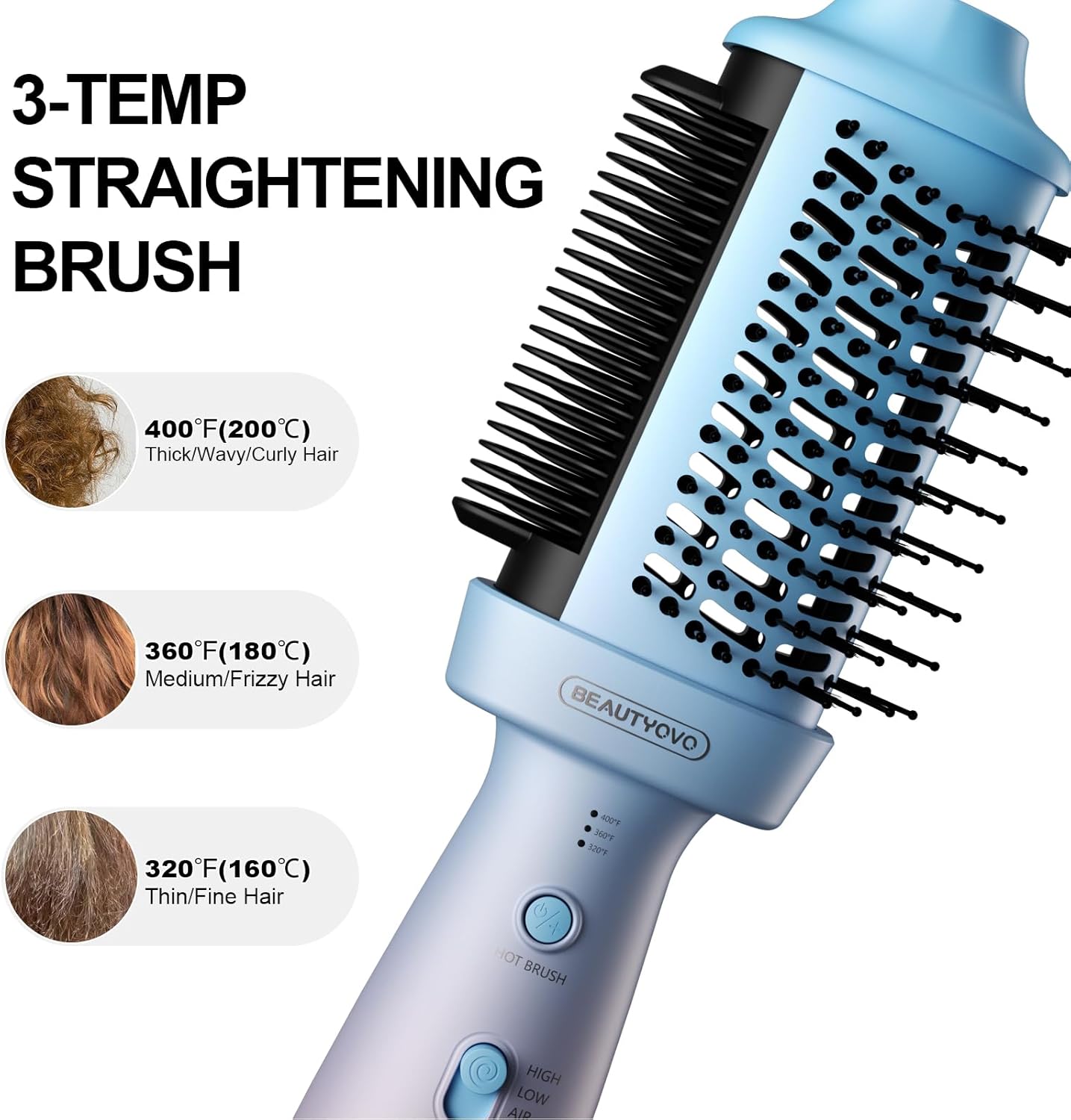 BEAUTYOVO 2-in-1 Blow Dryer Brush & Hair Straightener, 850W Ionic Ceramic Hair Dryer Brush with 3 Heat Settings, Frizz Control for Curly/Thick Hair, Portable Styling Tool for Travel & Home Use