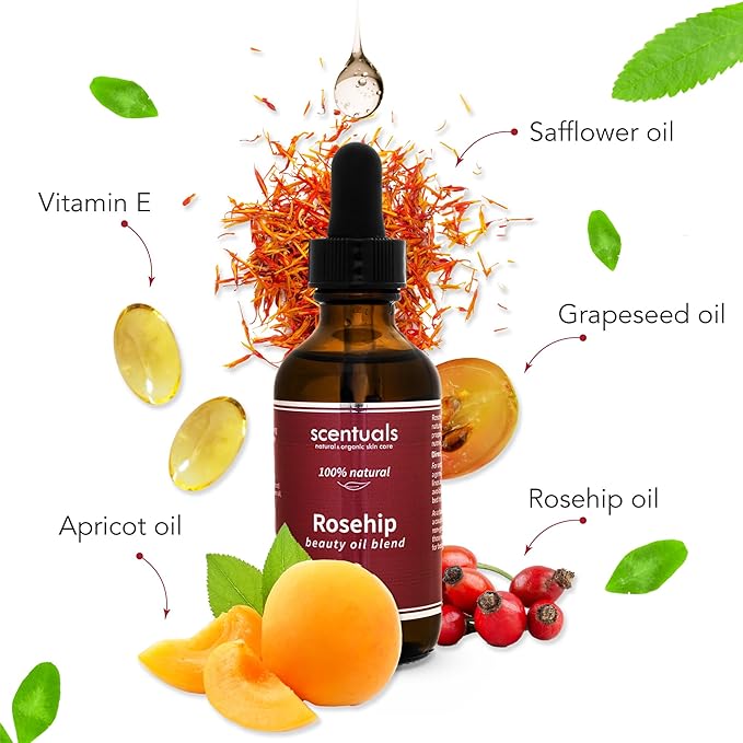 Rosehip Facial Oil Blend, Face Moisturizer with Pure Rosehip, Grapeseed Oil, Apricot Oil, Safflower Oil, Vitamin E for Deep Hydration, Protection and Versatile Anti Aging Skincare, 2 fl.oz | 60 ml