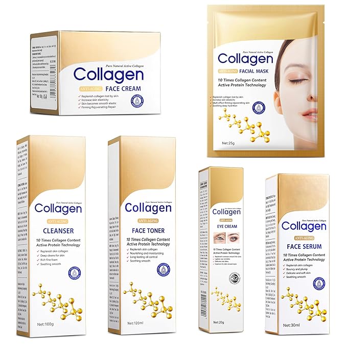 Collagen Skin Care Set, Anti Aging Skincare Set for Reduce Wrinkles, Shrink Pores, Smooth Fine Lines, Hydrating, 4 Pcs Travel Skincare Kits for Women with Cleanser, Serum, Cream, Eye Cream.