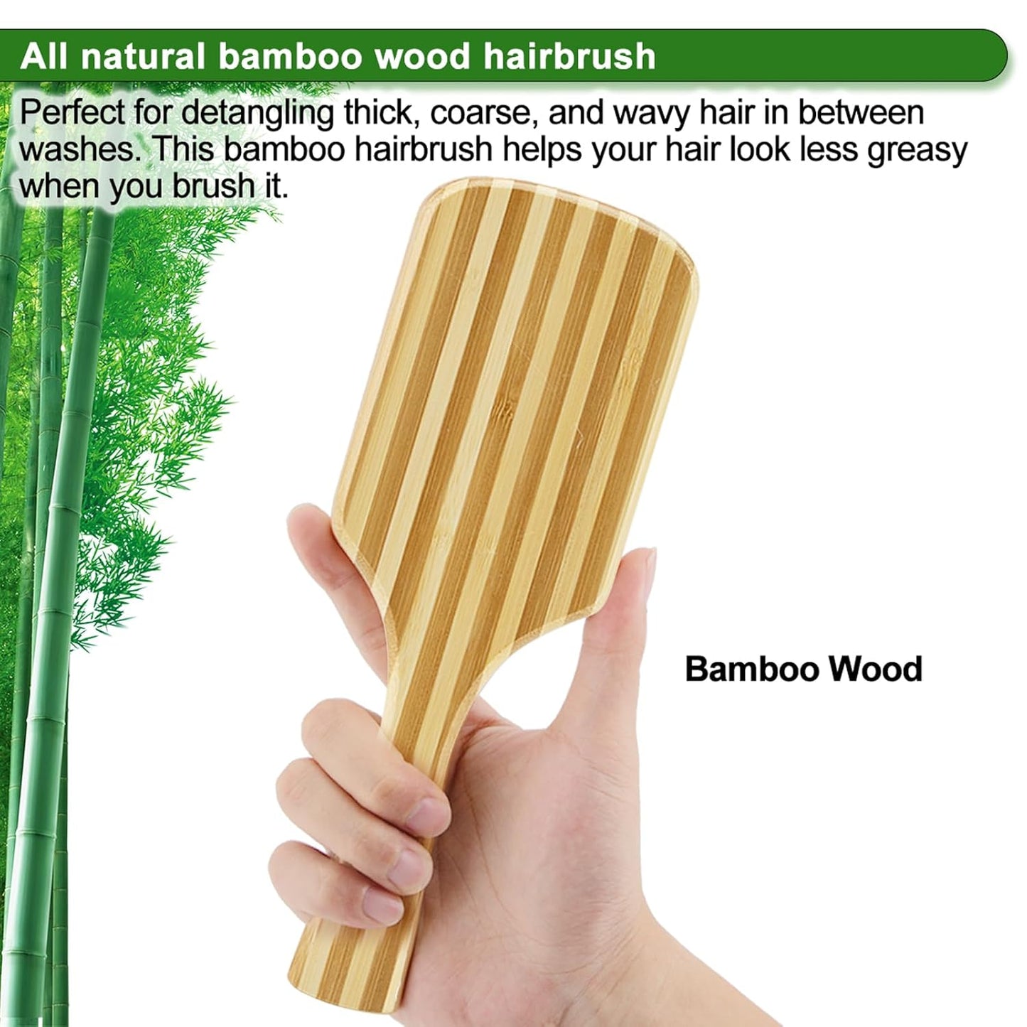Bamboo Hair Brush with Cleaner Tool for Women Men Thick Curly Hair, Bamboo Bristle Large Wood Paddle Detangling Brush Helps Hair Growth, Enhance Shine & Health, Massaging Scalp - 2 Pack