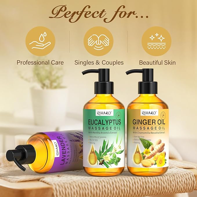 Mother's Day Gifts for Women – 3-Pack Massage Oil for Massage Therapy | Lymphatic Drainage Ginger, Relaxing Lavender, and Sore Muscle Eucalyptus Oils | Date Night & Spa Gift for Him & Her