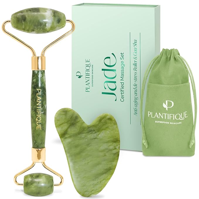 PLANTIFIQUE Jade Roller & Gua Sha Set – Real Jade Facial Tools for Skin Care Routine – Certified Face Massager for Radiant Skin