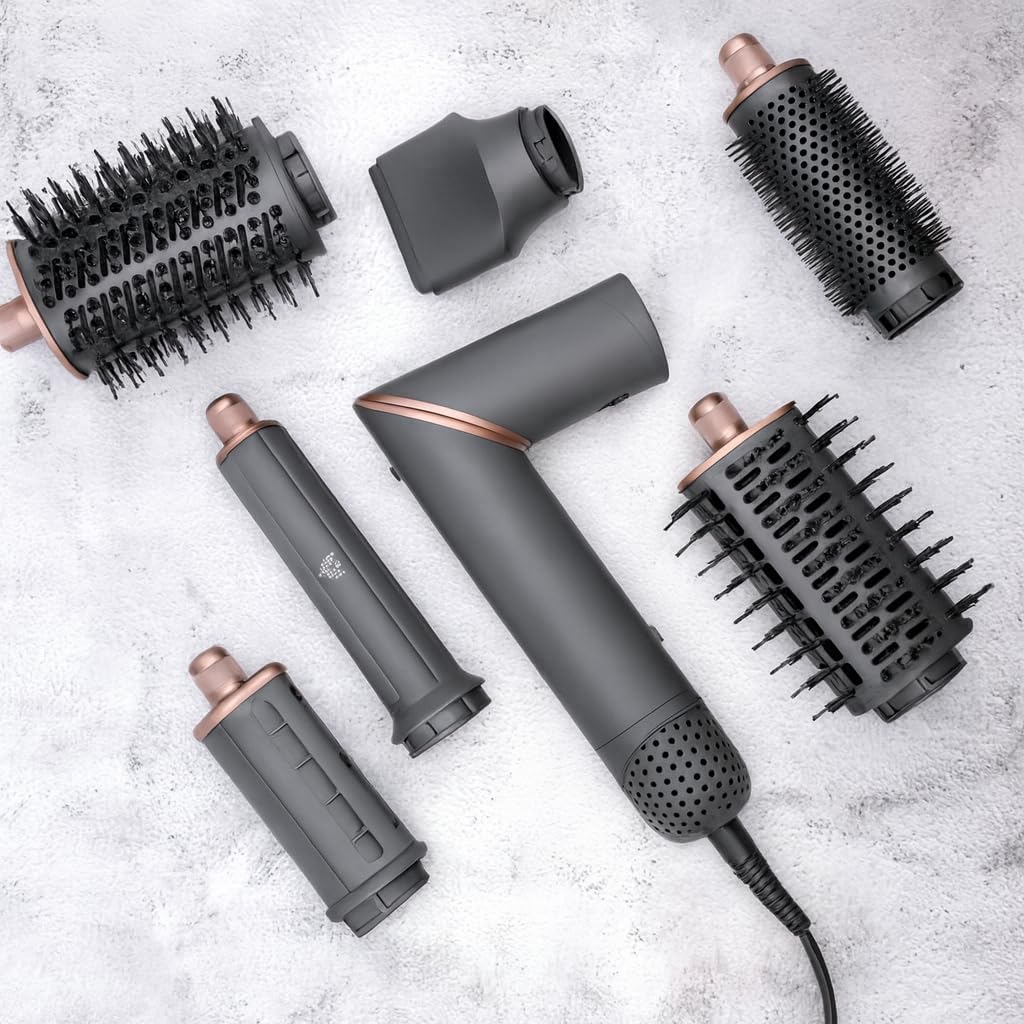 SRILabs StyleWrap Pro 7-in-1 Coanda Air Hair Multi Styler Dryer Brush in Gray with Negative Ions, Light Foldable Design, Quiet Brushless Motor, Aviation-Grade Aluminum, Memory Function