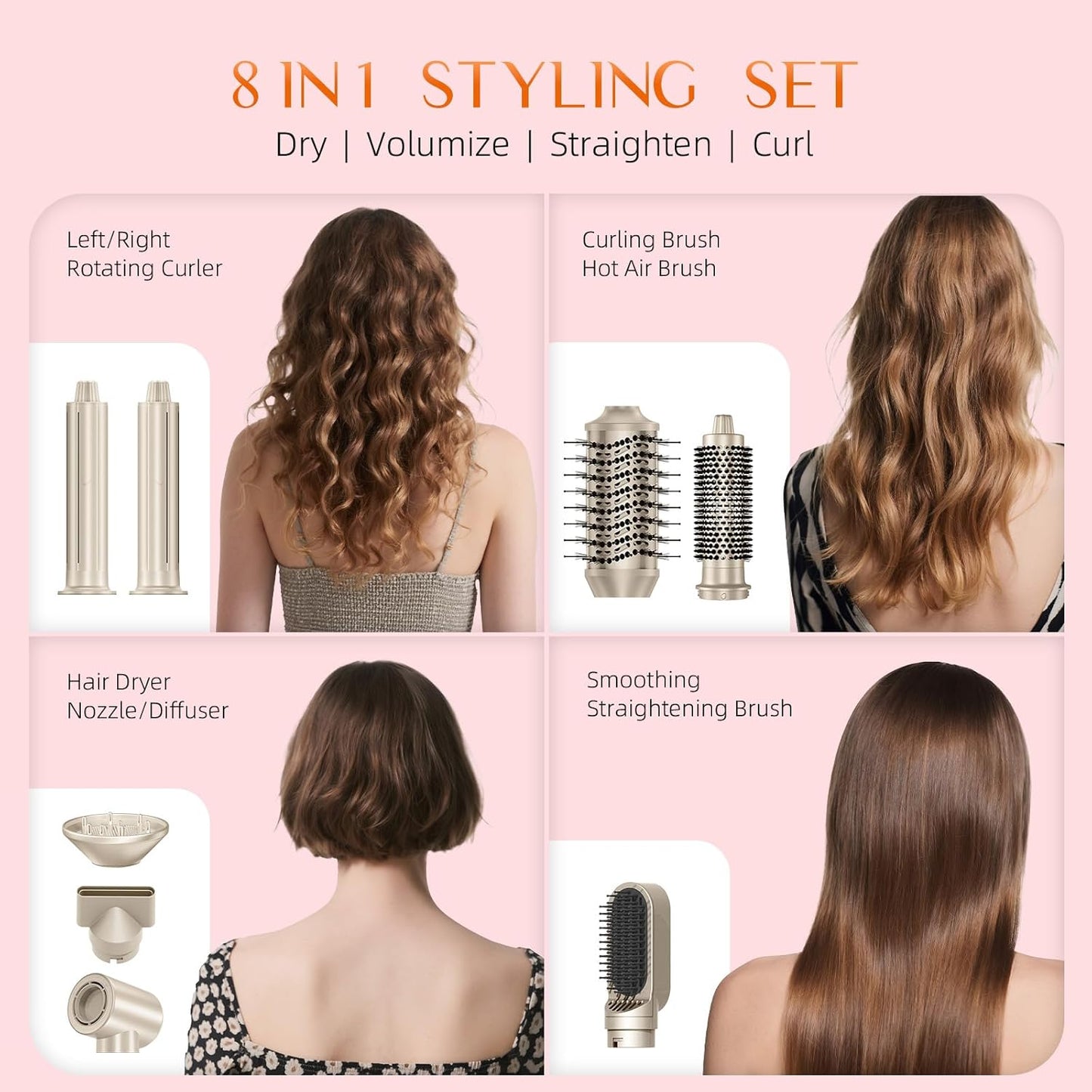 DORISILK 8 in 1 Hair Styler & Hair Dryer Brush Blow Dryer, 110,000 RPM High-Speed Hot Brush Styler and Auto Wrap Curlers, Ionic for Smoothing Straightening Curling Volumizing Drying, Champagne Gold