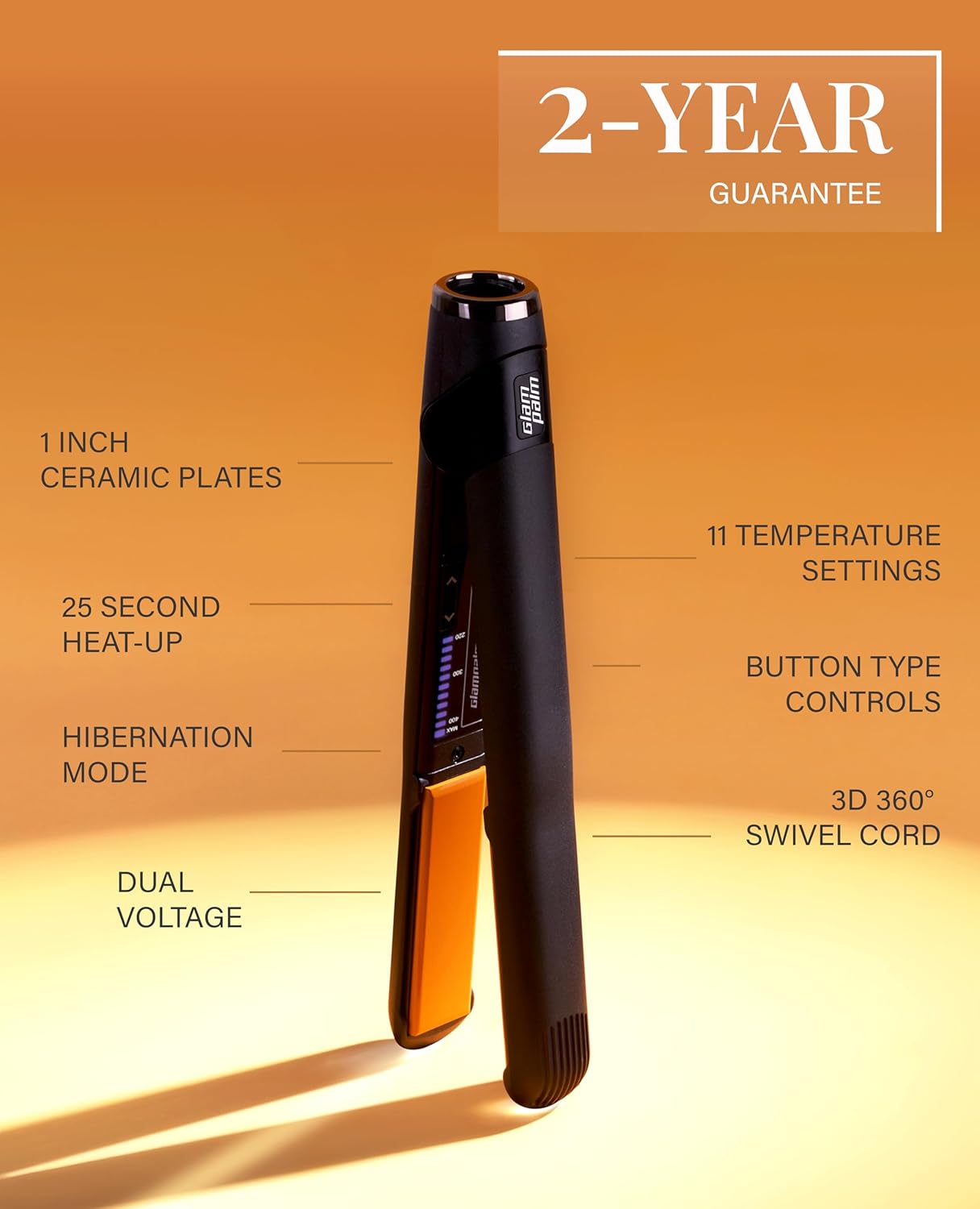 GLAMPALM Hair Straightener 1" Ceramic Flat Iron Infused with Vita C, Korea's No.1 Professional Salon Tool with 3D Swivel Cord & Dual Voltage,11 Heat Settings(220°–450°), 25s Fast Heat-Up (GP201)