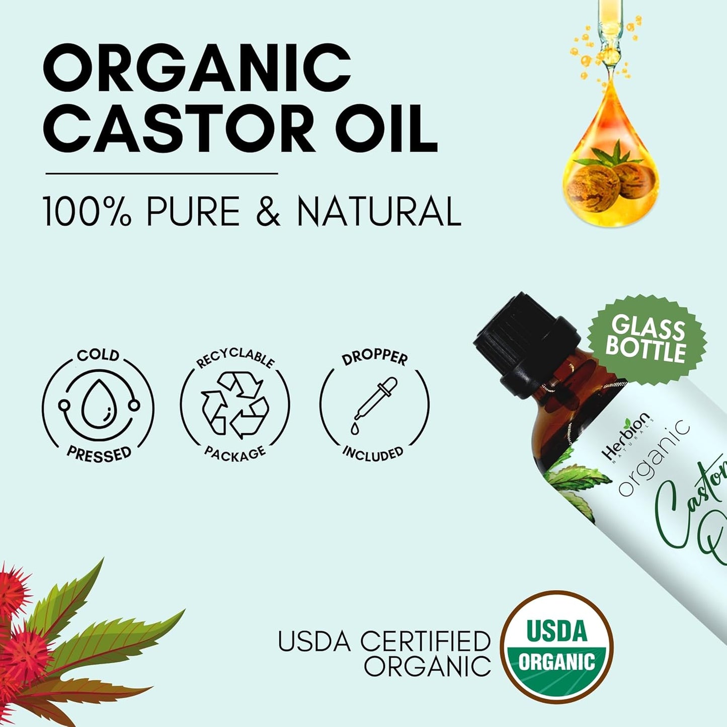 HERBION Naturals Organic Castor Oil USDA Certified, 100% Pure, Cold Pressed, Hexane-Free. Moisturizer & Hair Treatment. Glass Bottle w/Dropper, 3.38 Fl Oz