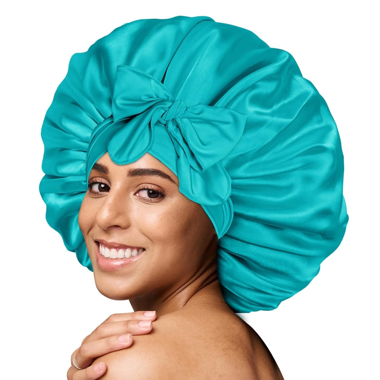 BONNET QUEEN Silk Bonnet for Sleeping Women Big Satin Bonnet Night Sleep Cap Wrap for Curly Hair with Adjustable Tie Band, Single Layer, Large, Aqua Blue