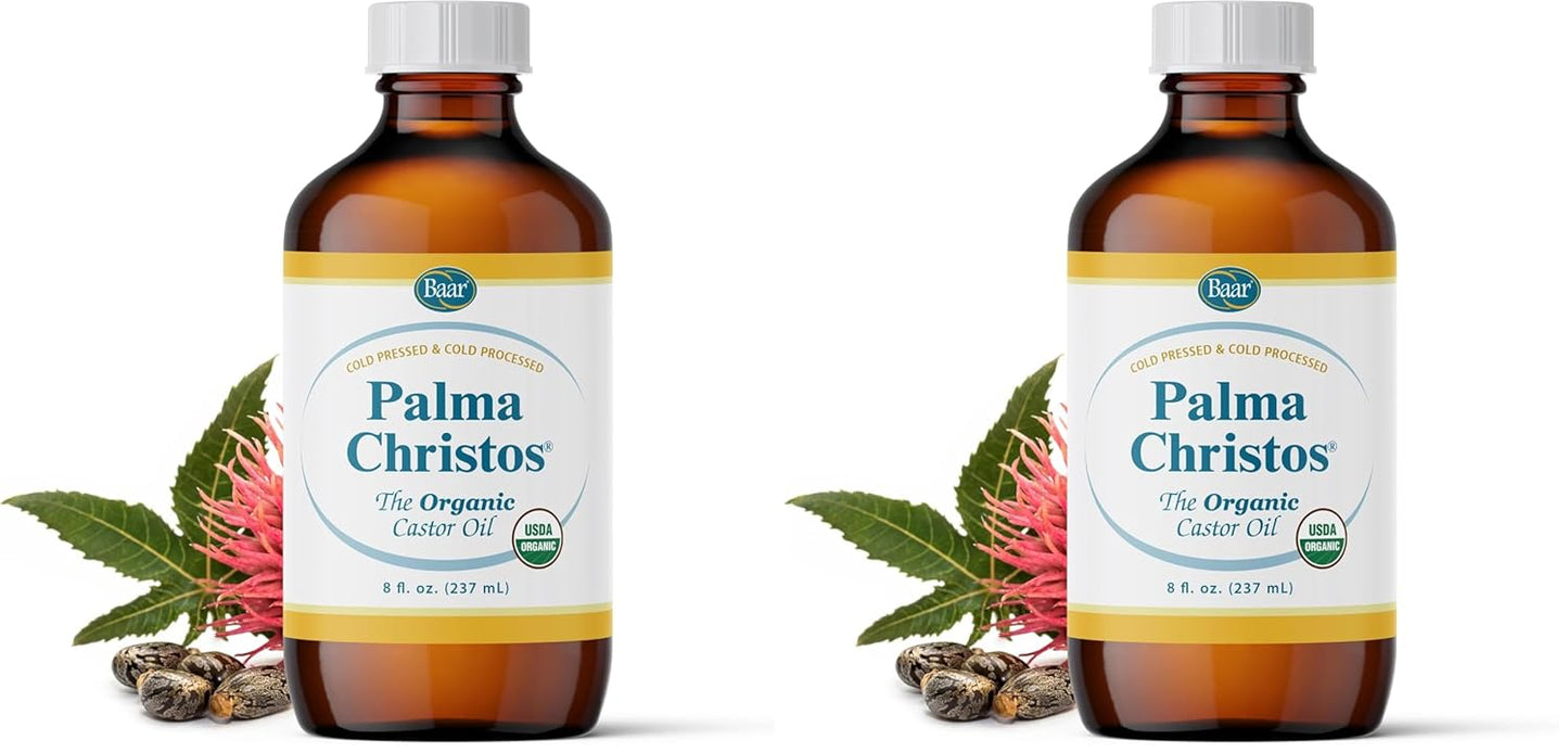 Baar Palma Christos Organic Castor Oil, Cold-Pressed, Hexane-Free, USDA Certified, for Skin, Hair, Massage & Castor Oil Packs, Glass Amber Bottle, 8 oz. (Pack of 2)