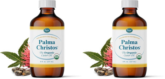 Baar Palma Christos Organic Castor Oil, Cold-Pressed, Hexane-Free, USDA Certified, for Skin, Hair, Massage & Castor Oil Packs, Glass Amber Bottle, 8 oz. (Pack of 2)
