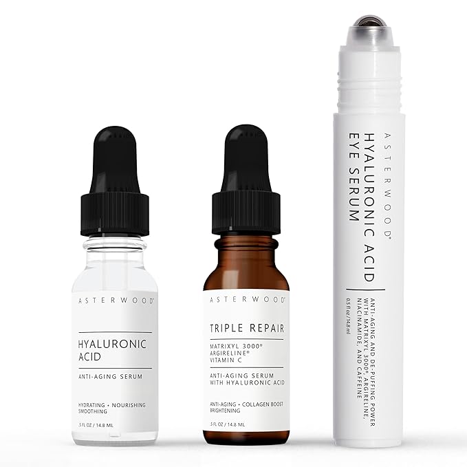 Asterwood Skin Care Set - Mothers Day Gifts For Mom - with Hyaluronic Acid & Triple Repair Serums, Under Eye Serum - Skincare Essentials - Hydrating, Moisturzing, Anti-Aging - Fragrance-Free