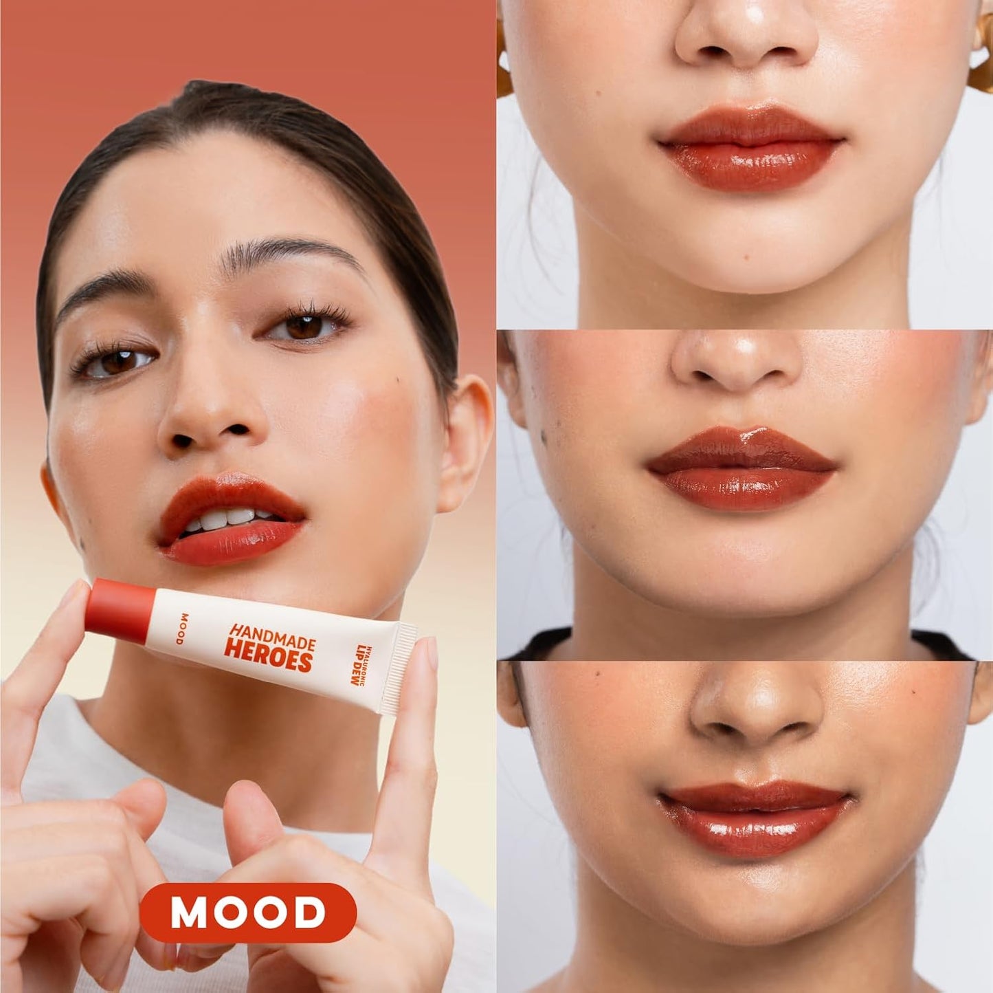 Handmade Heroes 100% Natural Vegan Tinted Lip Gloss with Hyaluronic Acid - Lightweight Moisturizing Soft Lipstick for Dry Lips - Mood (Dark Red)