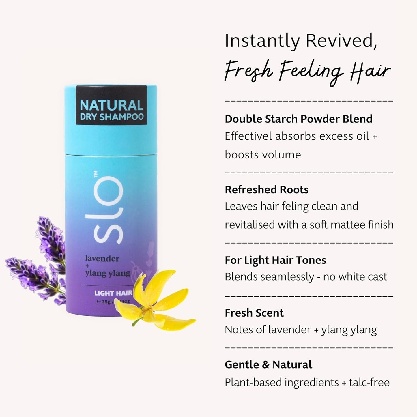 Slo | Natural Dry Shampoo Powder For Light Hair - All Natural Ingredients, Vegan & Cruelty Free, Talc-Free Blend, Paper Packaging | Lavender + Ylang Ylang, (1.23oz/35g)