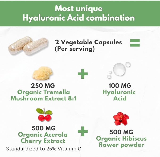 Natural Hyaluronic Acid Supplement 5X Stronger Hydration Pills from Pure Tremella Mushroom with Vitamin C & Hibiscus - Skin Supplement Anti Wrinkle Dietary Capsules - hair nails vitamins