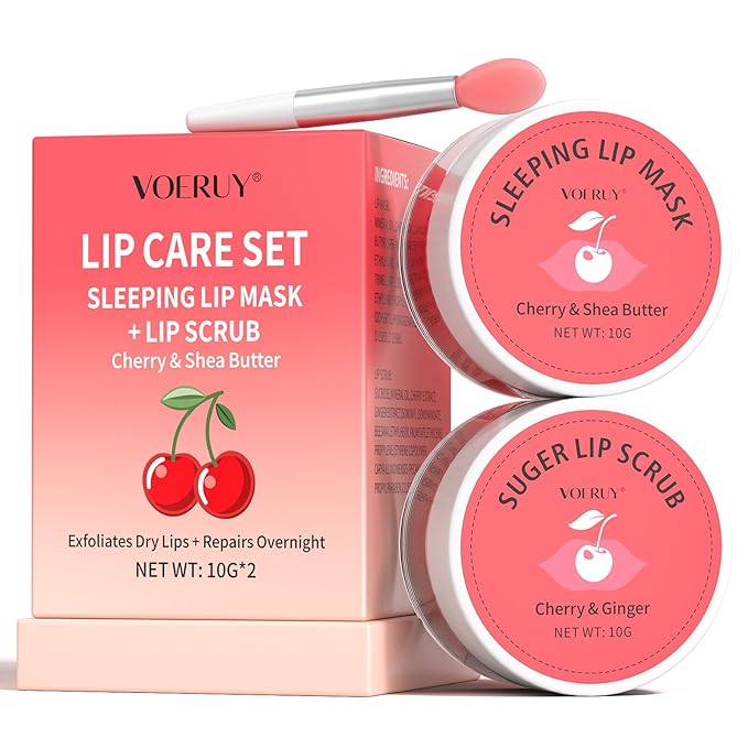 Lip Scrub & Lip Mask Set, Cherry Lip Exfoliator Scrub, Christmas Gifts Stocking Stuffers Gift for Women, Overnight Suger Lip Treatment, Repair Dry Cracked Lips - with Lip Brush (10g*2)