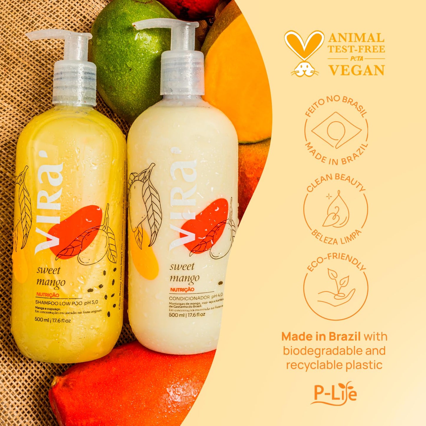 Brazilian Shampoo and Conditioner Set, Parabens Free, Curly and Wavy Hair, Deep Moisturizing and Nourishing Treatment, Volume Control, Sweet Mango 17.6 Fl Oz Each