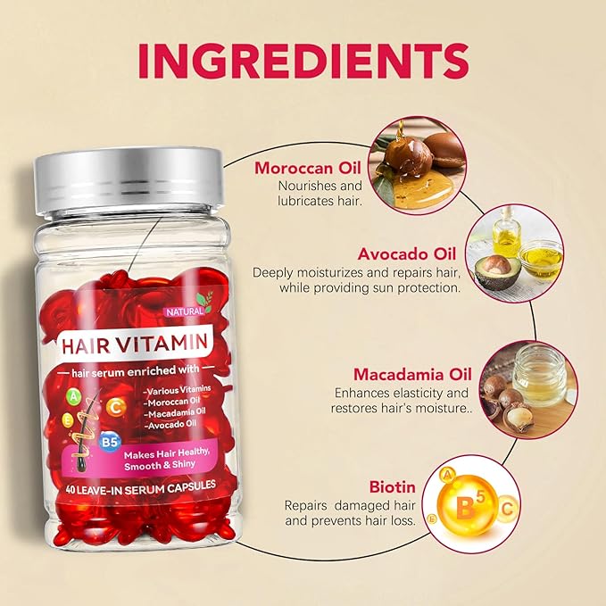 Hair Vitamins, Hair Vitamin Oil Capsules with Avocado Oil, Hair Treatment Serum for Frizzy & Dry Hair, Leave-in Anti Frizz Hair Styling Moisturizing Serum Capsules for Women, 40PCS, Red