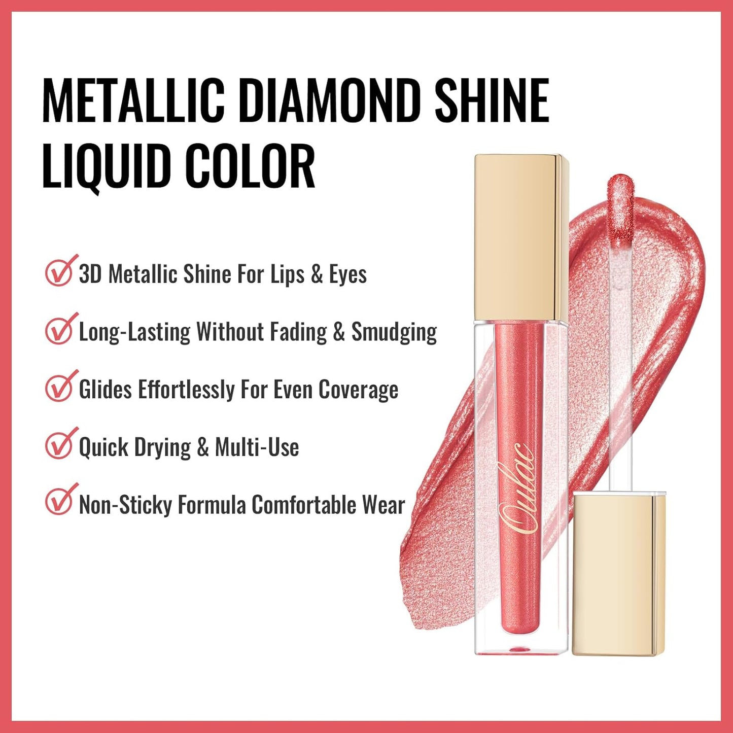 Oulac Orange Red Lip Gloss Metallic Shine Lipstick for Women, Dual Use for Lips & Eyeshadow,Long Lasting Waterproof, High Impact Lip Color, 3D Metallic Finish, No Transfer, Vegan MD05