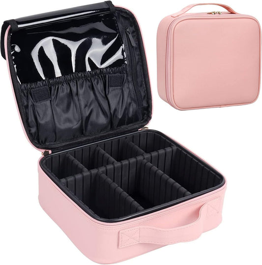 Travel Makeup Case, PU Leather Portable Organizer Makeup Train Case Makeup Bag Cosmetic Case with Adjustable Dividers for Cosmetics Makeup Brushes Women (Pink)