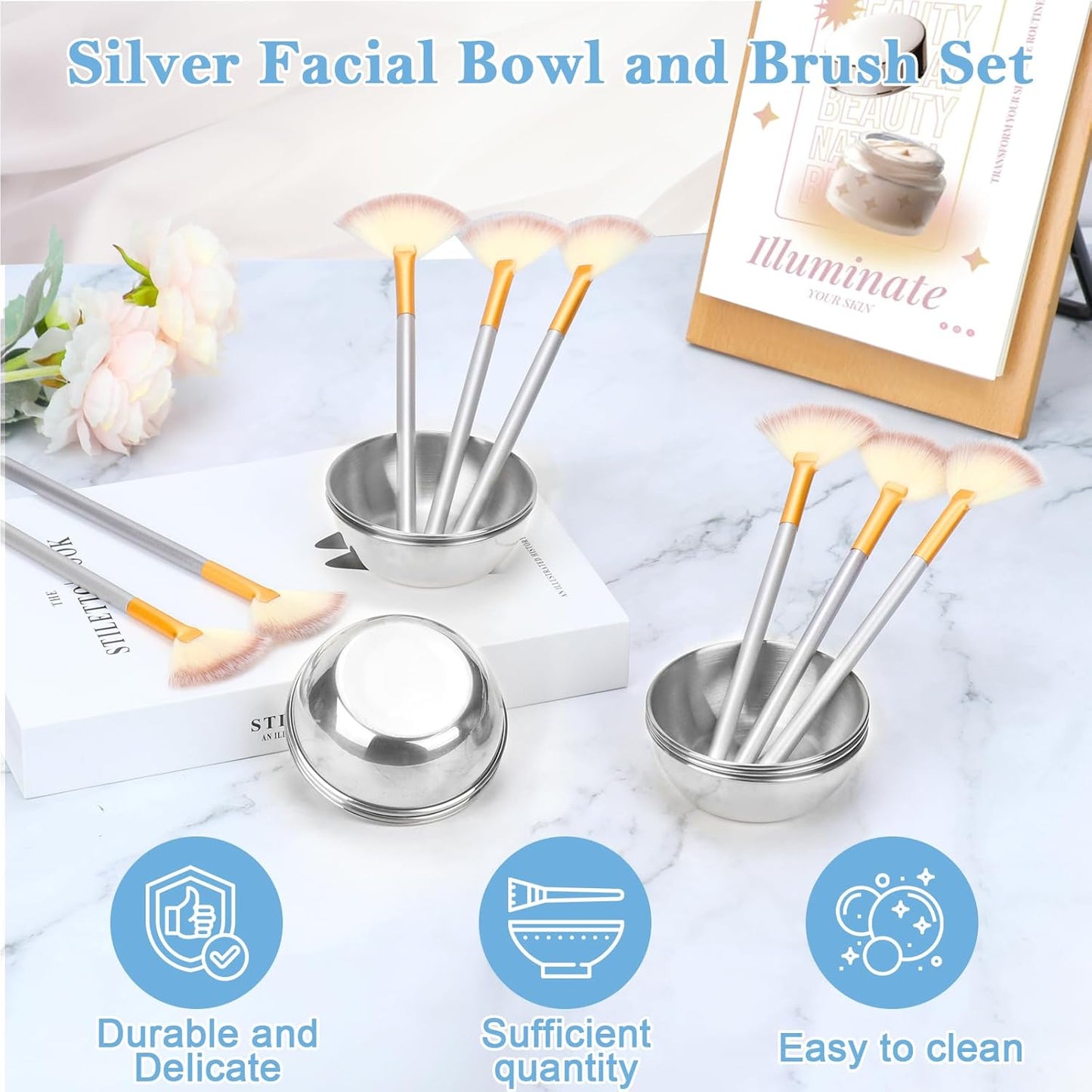 8 Pcs Silver Esthetician Supplies 4 Facial Fan Brushes Esthetician 4 Silver Stainless Steel Mixing Bowls Face Mask Brush Facial Bowls Esthetician for Mud Cream Makeup Spa Salon Women