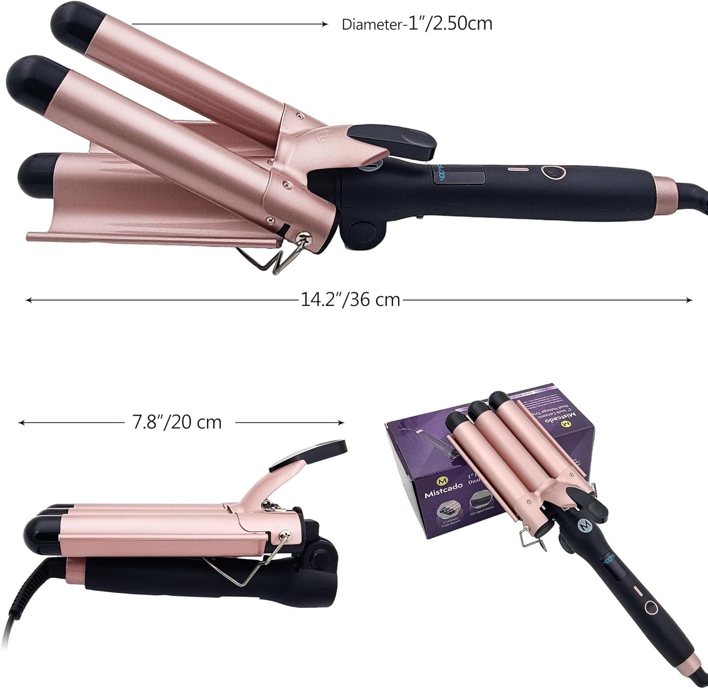 3 Barrel Curling Iron, 1 Inch Ceramic Tourmaline Hair Waver Wand with LCD Temperature Display, Fast Heating Foldable Crimpers for Travel Glove Included (Gold)