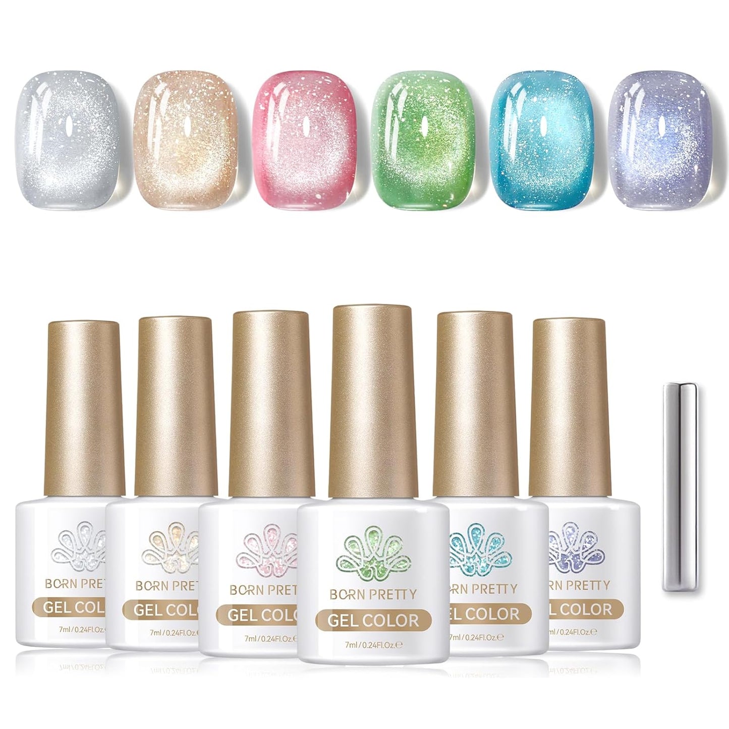 Born Pretty Magnetic Gel Nail Polish Pastel Cat Magnetic Eye Gel Polish Glitter Shimmer Auroras Magnetic Gel Nail Art Manicure Kit 6PCS