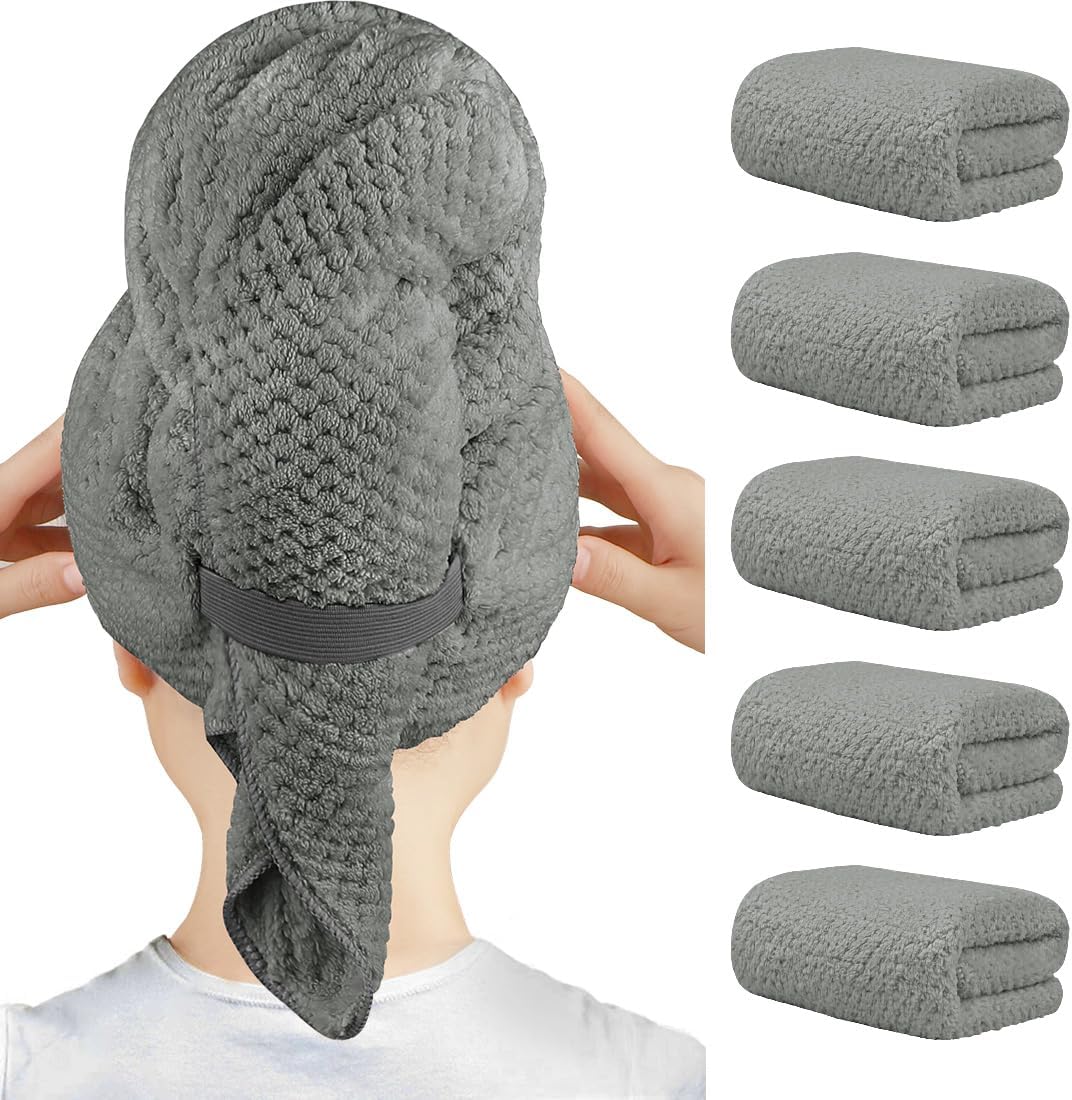 HOMEXCEL 5 Pack Large Microfiber Hair Towel Wrap for Women, Grey- 40 x 20 inches Super Soft, Fast Drying Turbans for Long, Thick, Curly Hair - Anti Frizz Wrap with Elastic Strap