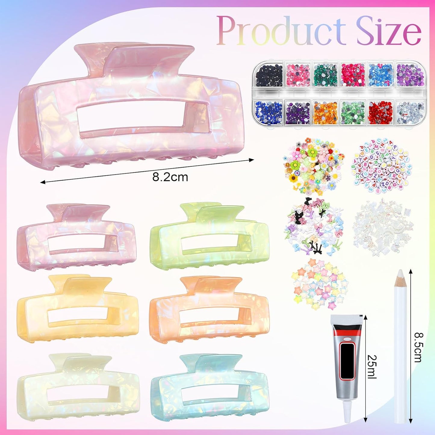 6 Set DIY Hair Claw Clips Kit Acrylic Claw Clip with Resin Rhinestones Pearls Hair Clips with Strong Hold Non-slip Banana Barrettes for Women Party Supplies for Craft DIY (Rectangle)