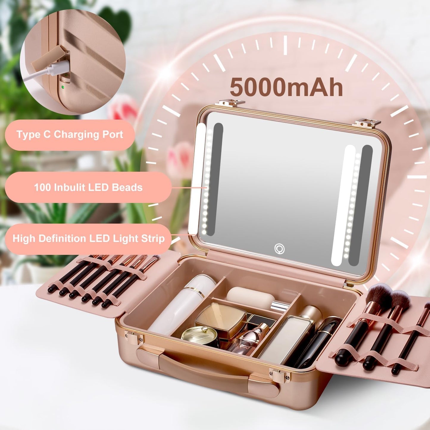 Mocado Travel Makeup Case with Lighted Mirror, Makeup Box with 8 Makeup Brushes and 10x Magnifying Mirror, Adjustable Brightness Makeup Train Case with Makeup Brushes Divider(Rose Gold)
