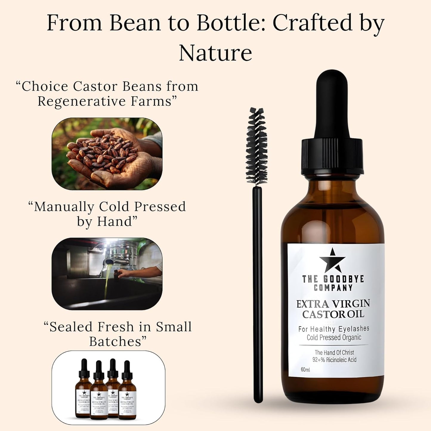 The Goodbye Company Organic Castor Oil 60ml - Small Batch Regenerative Farm, Manually Cold Pressed from Choice Beans - Pure Hexane-Free for Hair Growth, Eyelashes, Skin & Fertility Packs