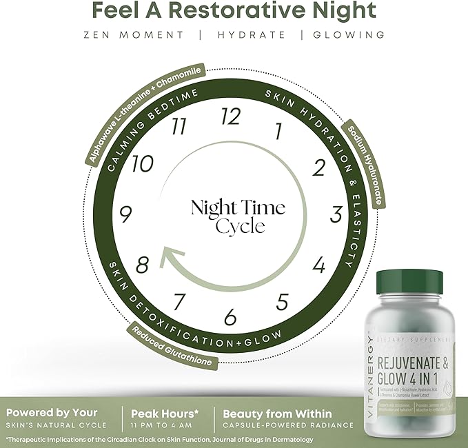 Beauty Sleep & Skin Glow Supplement – 4-in-1 Nighttime Support with L-Glutathione, Hyaluronic Acid, L-Theanine & Chamomile – Vegan, Made in USA, 56 Capsules