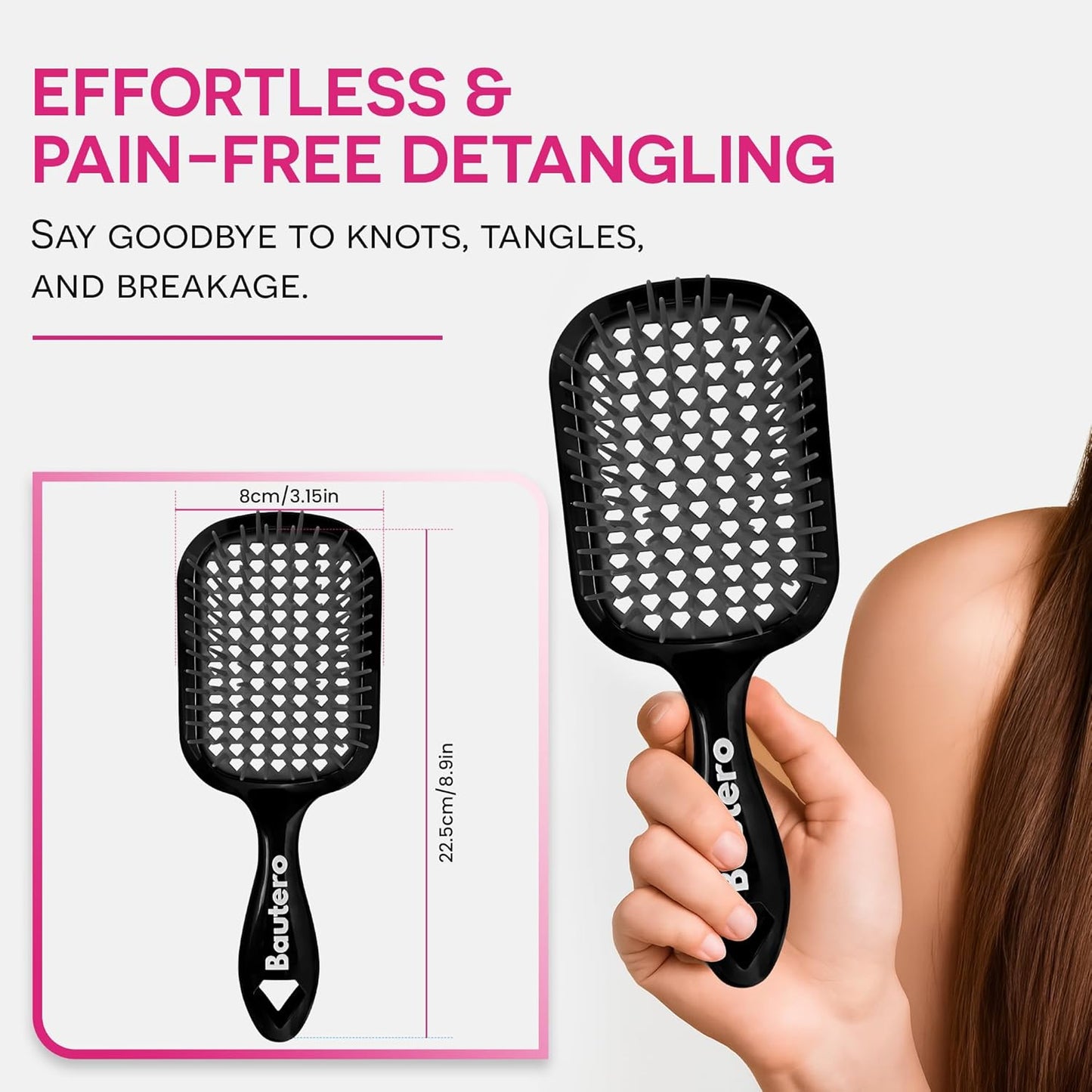 Detangling Hair Brush Juni Midnight with Anti-Static Bristles, Black, 8.9x3.15 Inch, 106 Flexible Bristles, Lightweight Ergonomic Design for Wet Dry Hair, Pain-Free Knot Removal