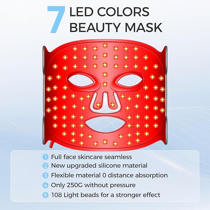 Led Face Mask Light Therapy, Red Light Therapy for Face, 7-1 Colors LED Facial Skin Care Mask, Black