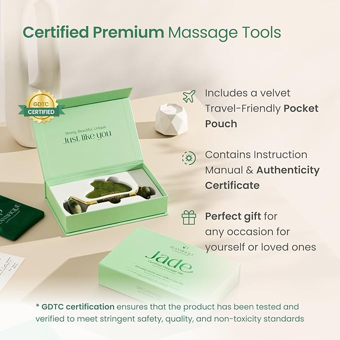 PLANTIFIQUE Jade Roller & Gua Sha Set – Real Jade Facial Tools for Skin Care Routine – Certified Face Massager for Radiant Skin