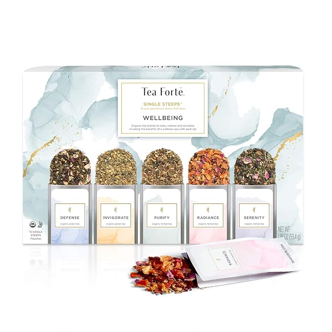 Tea Forte Wellness Tea Assortment Single Steeps Loose Leaf Premium Tea Gift Set Sampler, 15 Count 3 of Each Assorted Blends, Pre-Portioned Single Serve Pouches, Steeps 12 oz