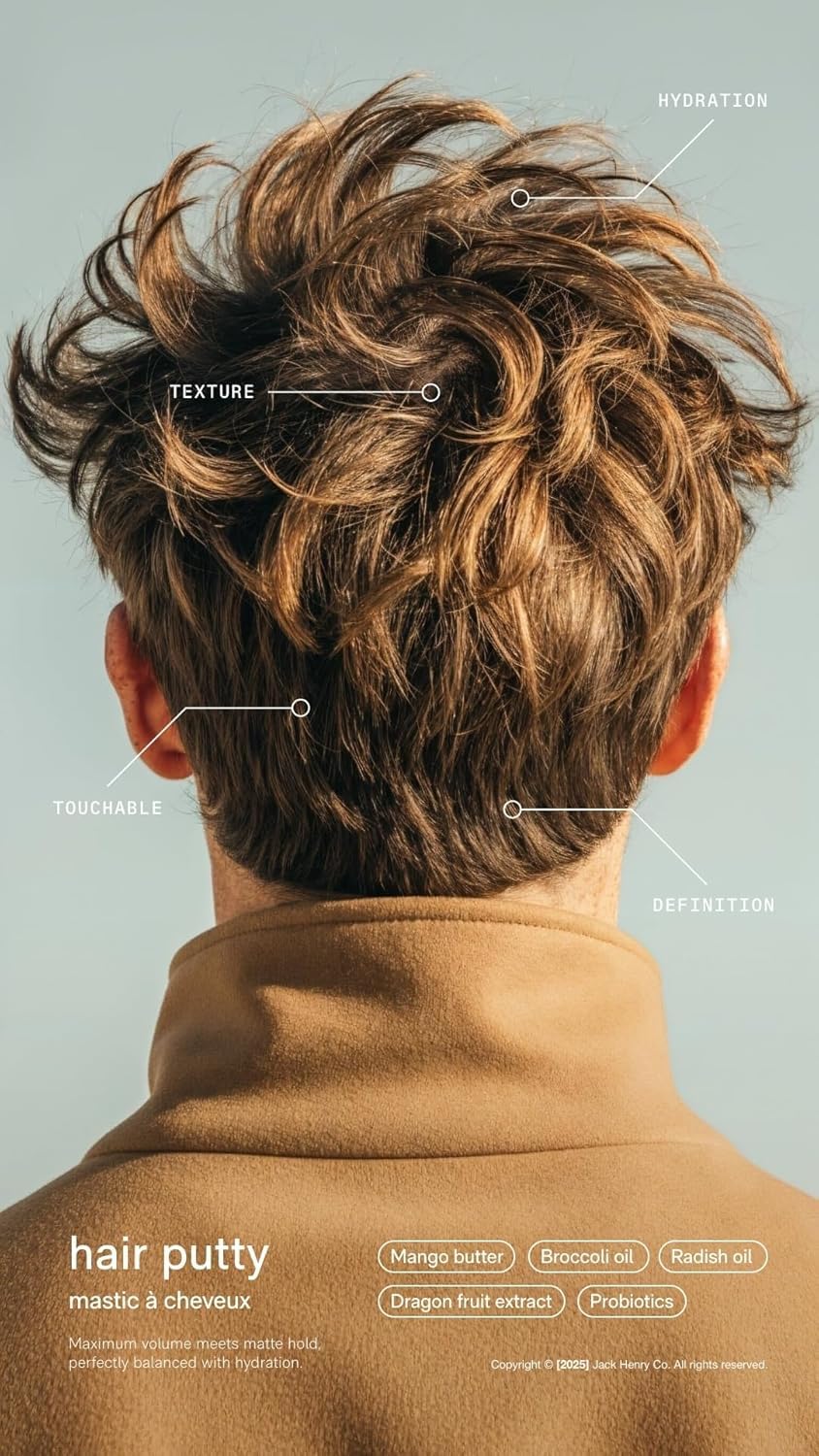 Jack Henry Hair Putty – Natural Matte Finish Styling Paste for Men – Medium Hold, Lightweight, Non-Greasy – With Mango Butter & Broccoli Seed Oil for Nourishment – 1.7 oz