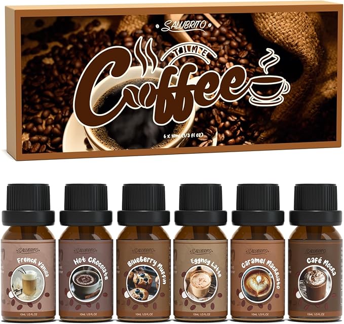SALUBRITO Coffee Fragrance Oils Set, Premium Essential Oils for Diffuser, Candle, Soap Making, Blueberry Muffin, Eggnog Latte, Caramel Machhiato, Cafe Mocha, French Vanilla, Hot Chocolate, Scented Oil