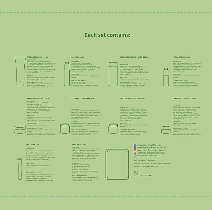 Tea Tree & Witch Hazel Extracts Skin Care Set with Hyaluronic Acid - Deep Cleanse, Balance Oils, Hydrating & Soothing Face Serum, Toner & Moisturizer - 10-Piece Kit Suitable for All Skin Types