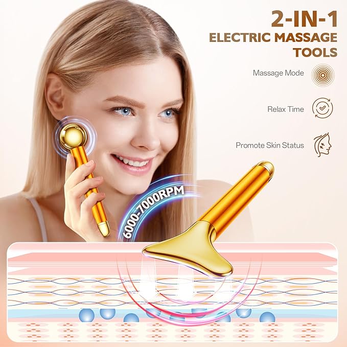 Amirce 2-in-1 Gua Sha and Ice Roller Facial Tools, Electric Face Massager Device for Eye, Jaw, Scalp, Neck, Gold