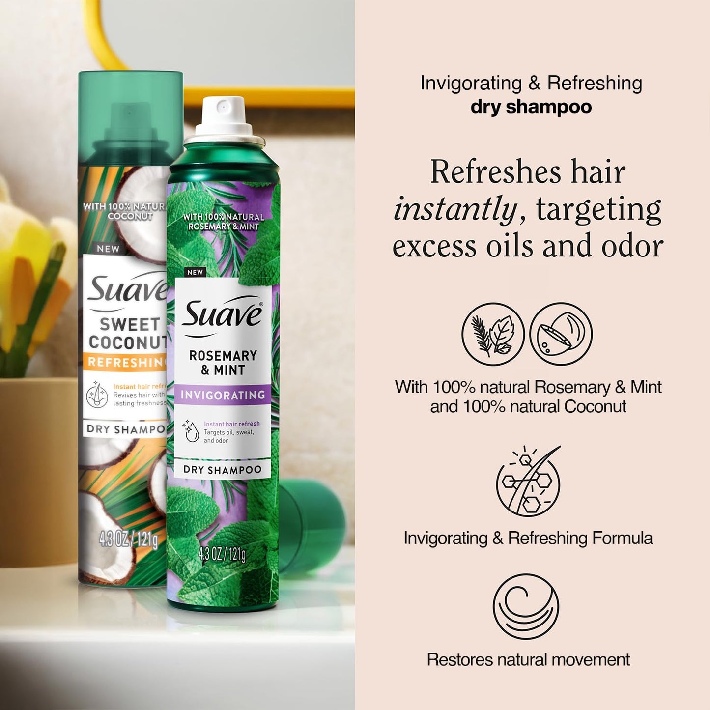 Suave+ Dry Shampoo Spray Variety 2-Pack – Invigorating Rosemary & Mint, Refreshing Sweet Coconut, 4.3 Oz Ea