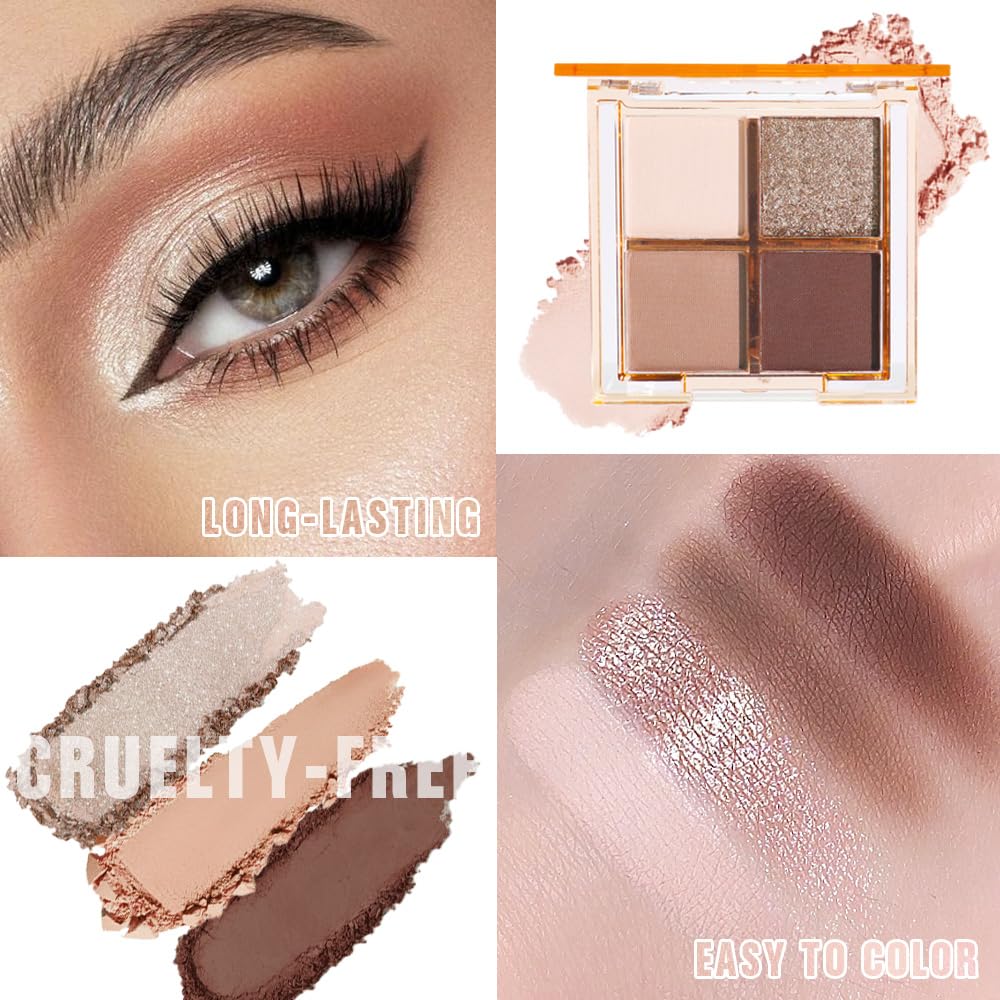 Eyeshadow Quads Blendable Glitter Matte Eyeshadow Palette,Black Gold Nude Brown Coffee Shinmmer Sparkly Four Eyeshadow Palette Makeup,Everyday Nature Long-Lasting Waterproof Women Girls Eyeshadow 4#