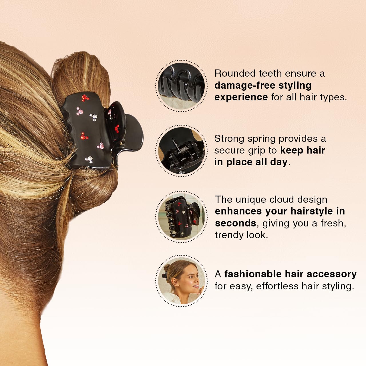 Kitsch & Mickey/Minnie Hair Claw with Rhinestones, Cute and Elegant Claw Clips for Girls, Great for All Hair Types, Recycled Plastic | Ideal Gifts for Women - 1pc (Black)