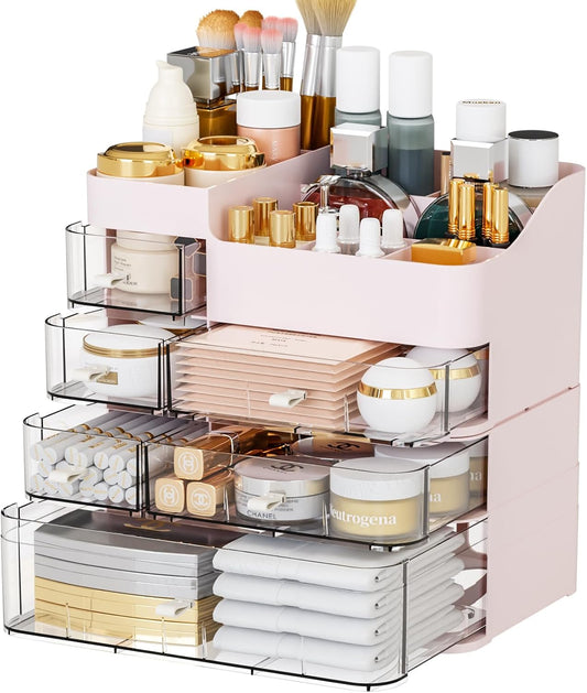 SuoXing Makeup Organizer for Vanity,Large 6 Drawers Make up Organizers for Counter,Plastic Cosmetic Storage Organizer for Dresser Countertop or Bathroom,Beauty Holder for Lipstick,Brush,Skincare,Pink