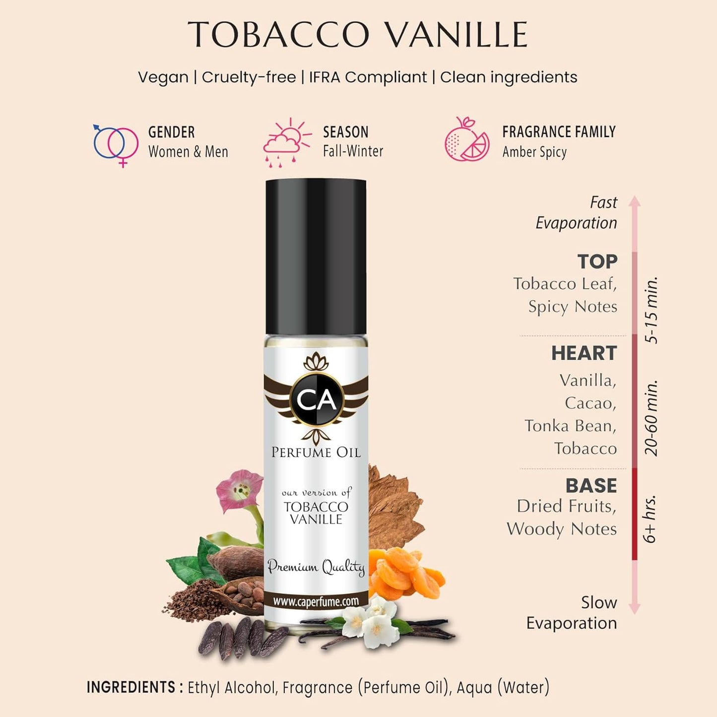 CA Perfume Impression of Tobacco Vanille For Men and Women Fragrance Body Oil Dupes Alcohol-Free Roll-On 0.3 Fl Oz/10ml