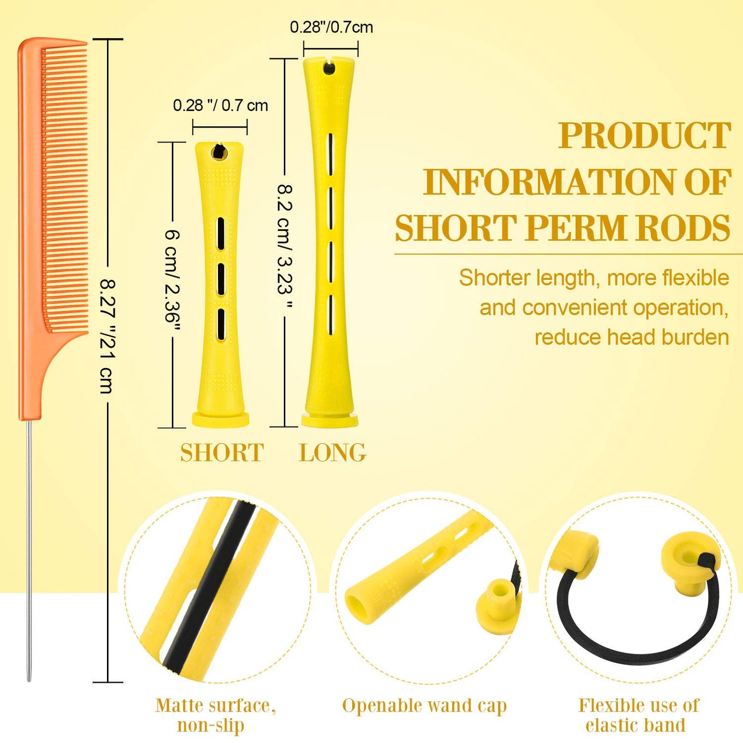 48 Pieces Hair Perm Rods Short Cold Wave Rods Plastic Perming Irons Hair Curling Rollers Curlers with Steel Pintail Comb Rat Tail Comb for Hairdressing Styling Supplies(0.28 Inch,Yellow and Orange)