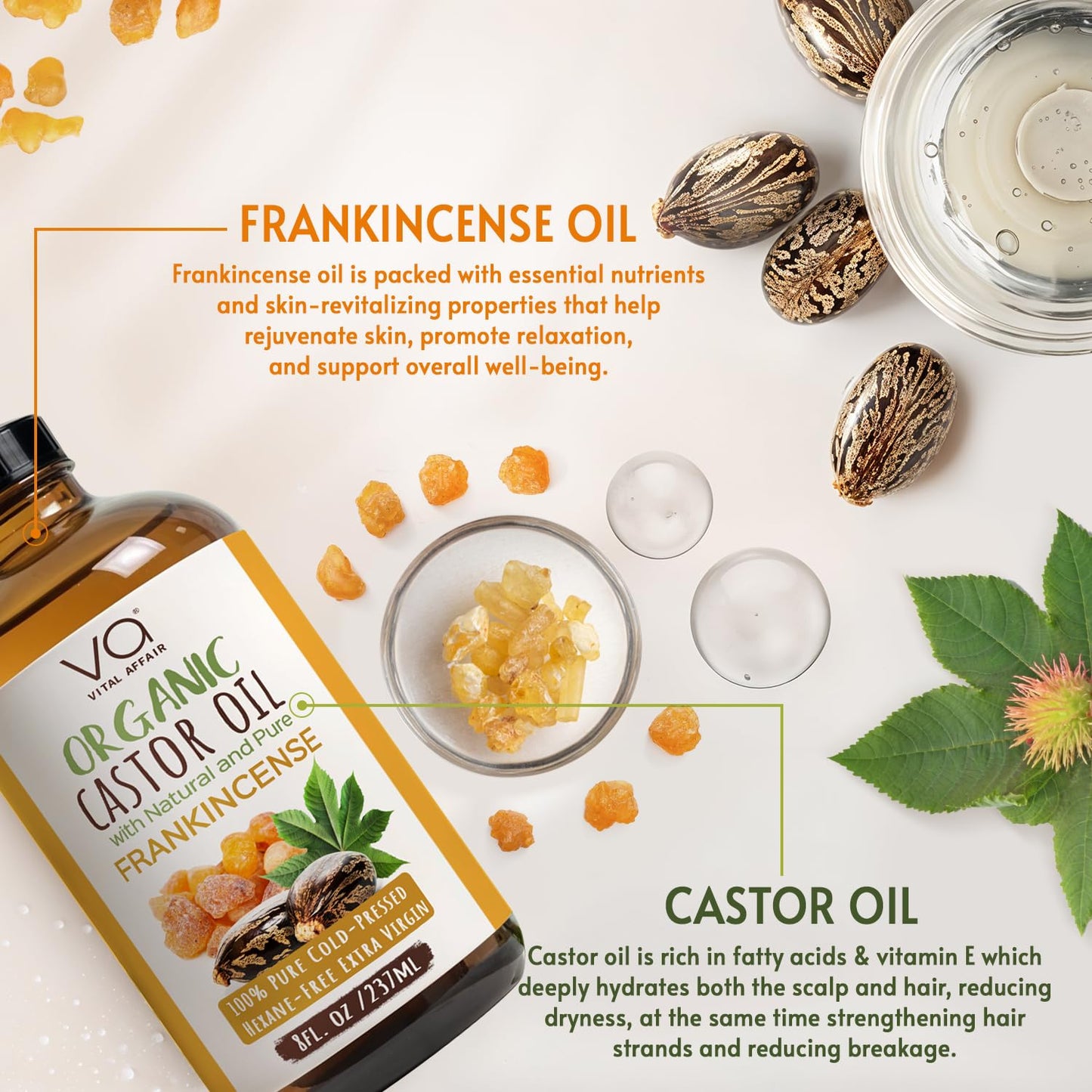 VITAL AFFAIR Organic Castor & Frankincense Oil Blend - 100% Pure and Natural, Cold Pressed, Unrefined Glass Bottle Castor and Frankincense Oil For Face & Hair Growth - 8oz