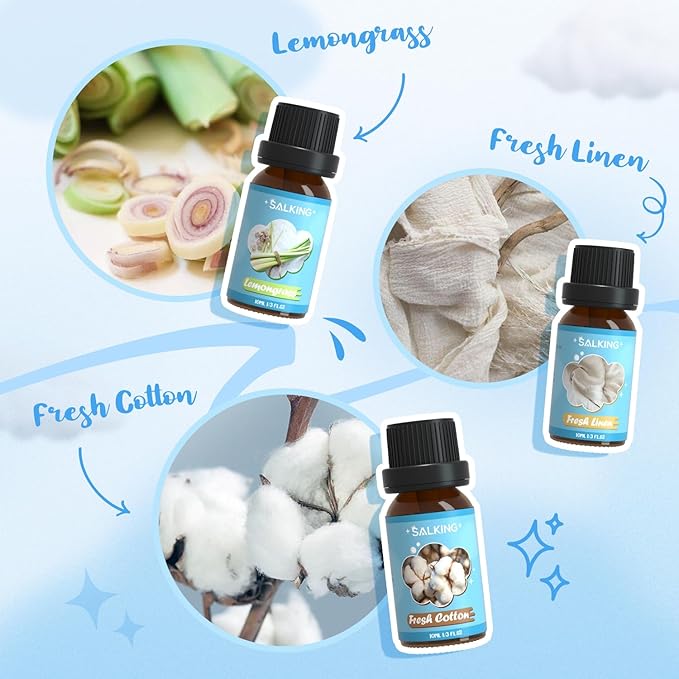 SALKING Clean Fragrance Oils, Premium Essential Oil for Diffuser, Scented Oil Gift Set for Soap Candle Making - Lemongrass, Fresh Cotton, Fresh Linen, Cherry Blossom Soap, Clean Air, Aloe