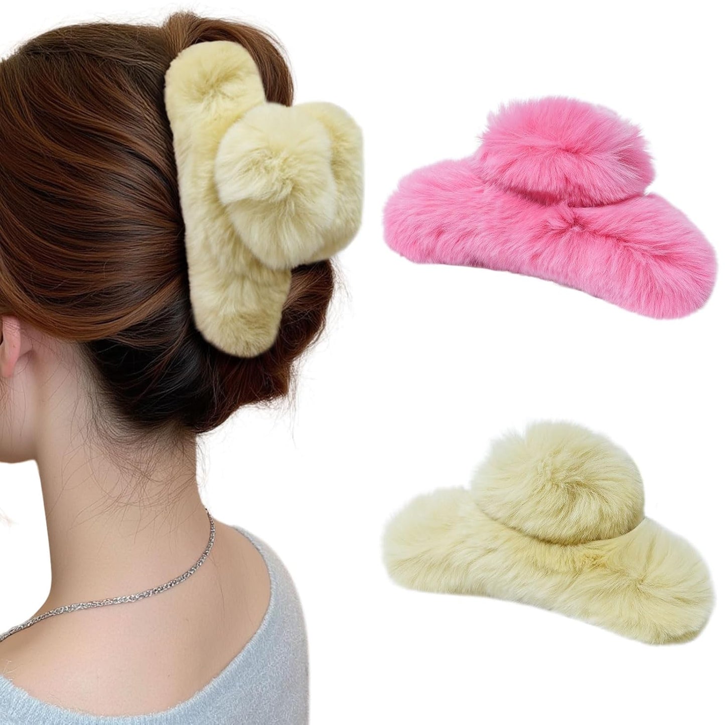 ACECHA 2 Pack Large Fluffy Fuzzy Hair Claw Clips for Women, 5.9" Winter Fur Furry Hairclips, Soft Plush Aesthetic Hair Accessories for Christmas Halloween New Year Party (Green & Hot pink)