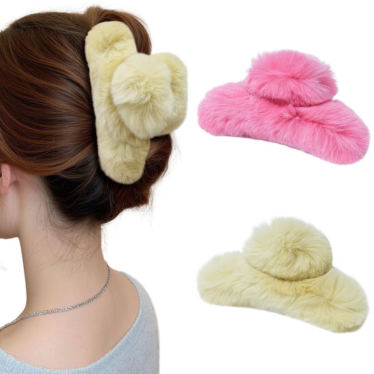 ACECHA 2 Pack Large Fluffy Fuzzy Hair Claw Clips for Women, 5.9" Winter Fur Furry Hairclips, Soft Plush Aesthetic Hair Accessories for Christmas Halloween New Year Party (Green & Hot pink)