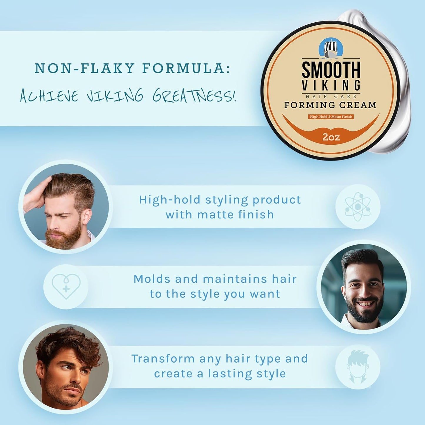 Smooth Viking Forming Cream - High Hold Styling Cream for Matte Finish, Men's Hair Products, Hair Paste for Short, Curly and Long Hair, Made in USA, 2oz